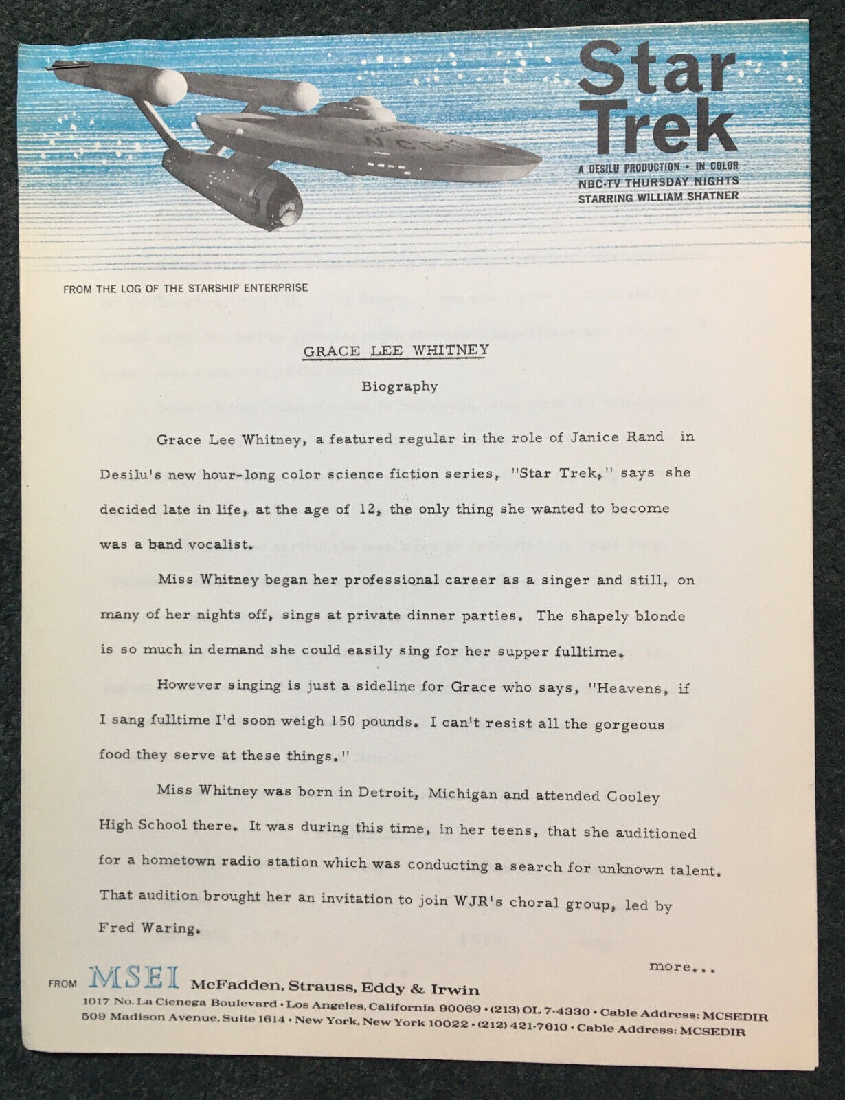 STAR TREK 1966 ORIGINAL 2-PAGE GRACE LEE WHITNEY BIOGRAPHY NBC-TV PRESS RELEASE