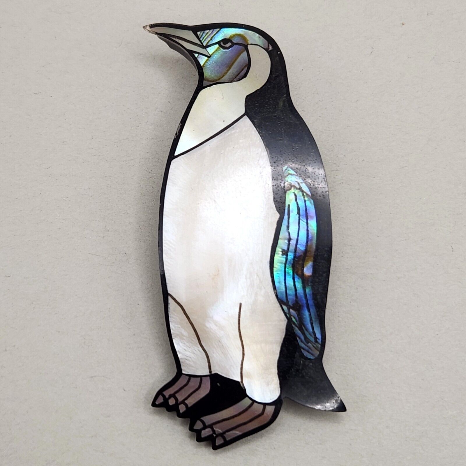 Vtg Penguin Brooch Abalone MOP Inlay Mother of Pearl Black Plastic Pin Read