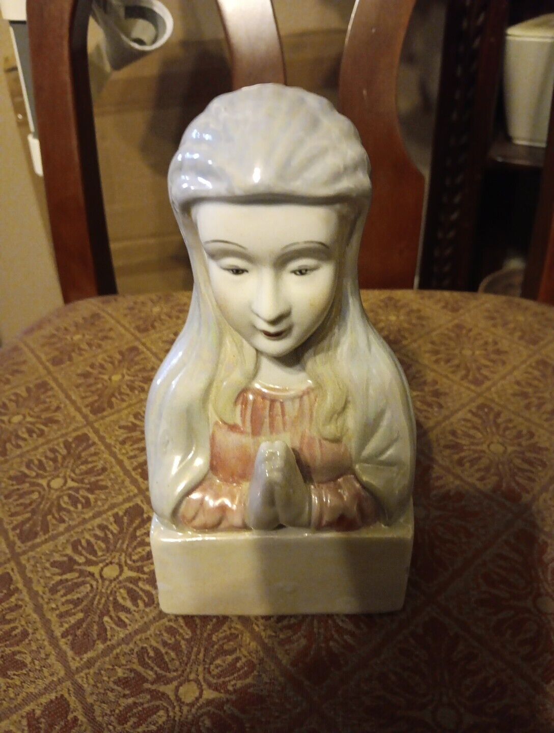 Virgin Mary Madonna Religious Praying Lady Head Planter Blue White Porcelain VTG