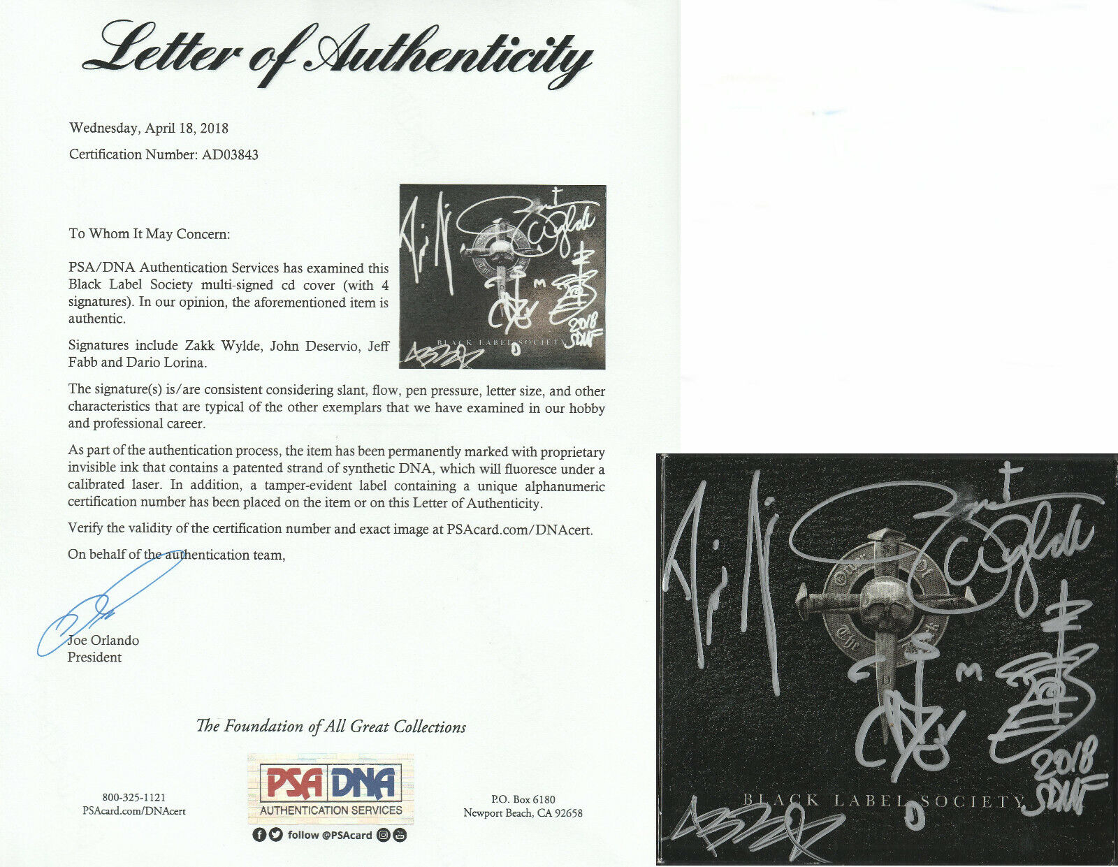 SIGNED BLACK LABEL SOCIETY AUTOGRAPHED CD CERTIFIED ZAKK WYLDE PSA LOA # AD03843