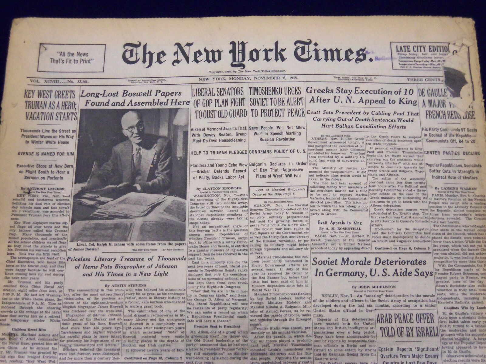 1948 NOV 8 NEW YORK TIMES NEWSPAPER - LONG LOST BOSWELL PAPERS FOUND - NT 13
