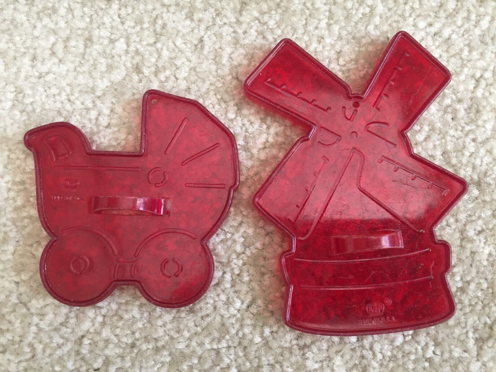 Lot of 2 Vintage HRM Red Plastic Cookie Cutters Windmill & Baby Buggy- 