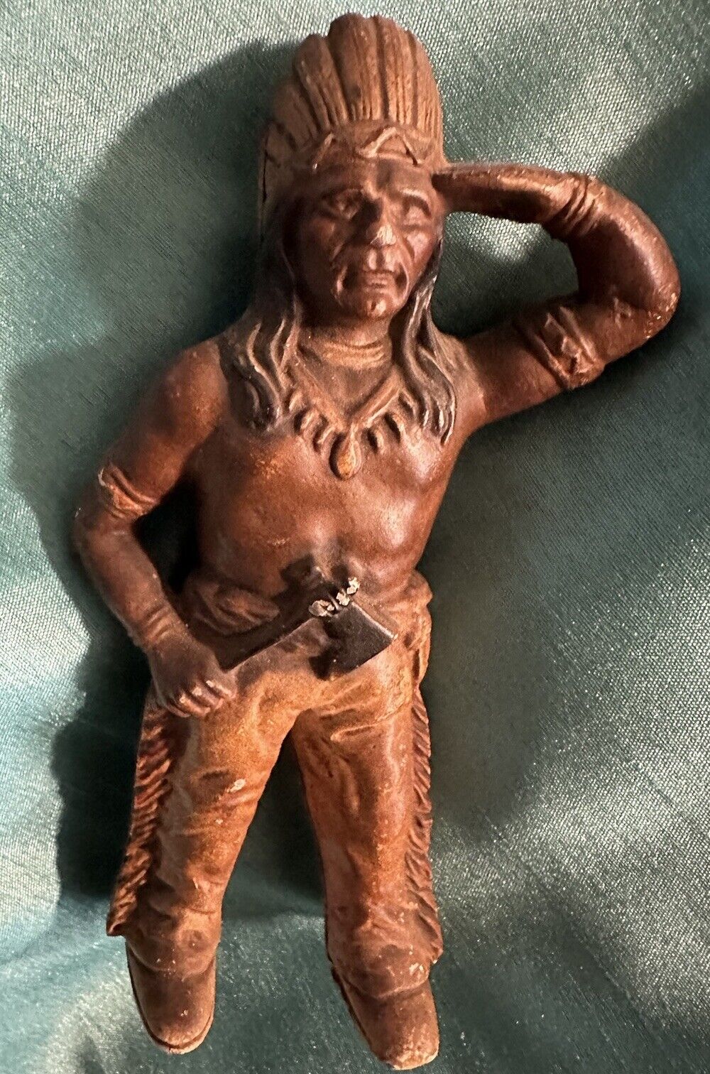 ANTIQUE INDIAN COIN BANK Cast Iron HEAVY Metal Chief Native American w/ axe