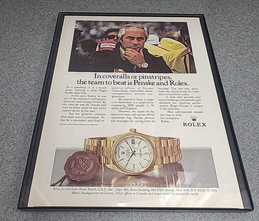 Rolex Watch Roger Penske Print Ad 1985 Framed 8.5x11 