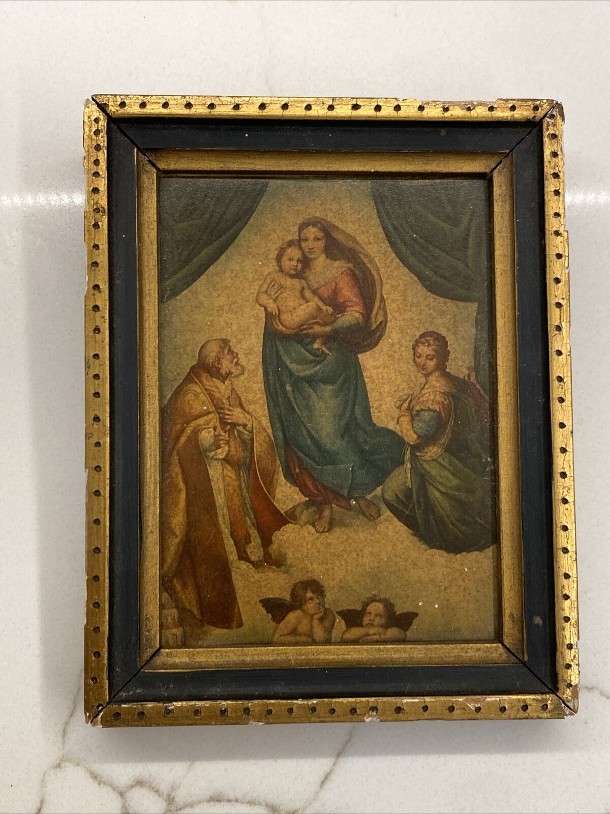 SISTINE MADONNA & CHILD ANGELS SAINTS  Wood Gold Frame, Raphael, Vintage, Italy