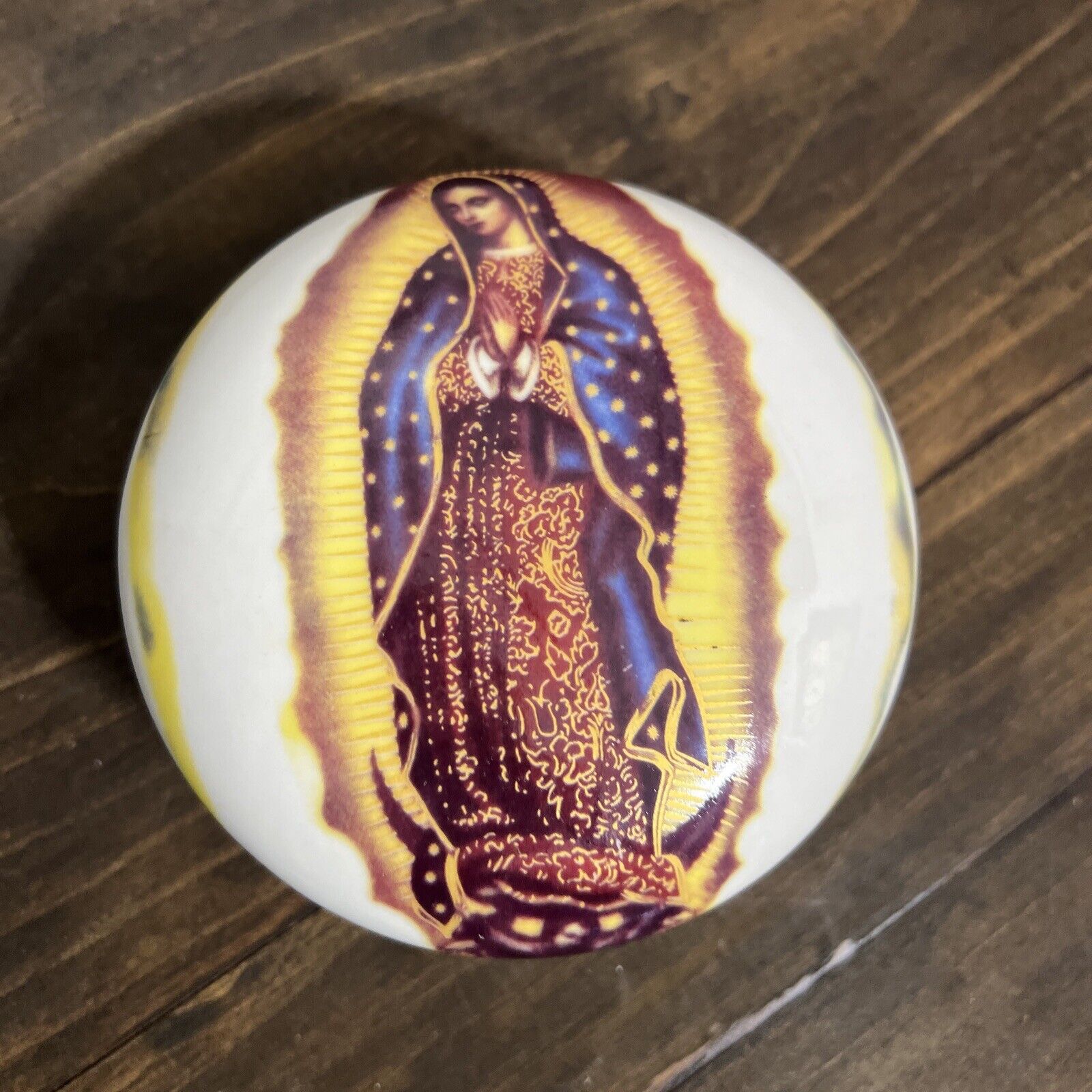 Vintage Ceramic Mary Madonna Icon Treasure Trinket Box Our Lady of Guadalupe