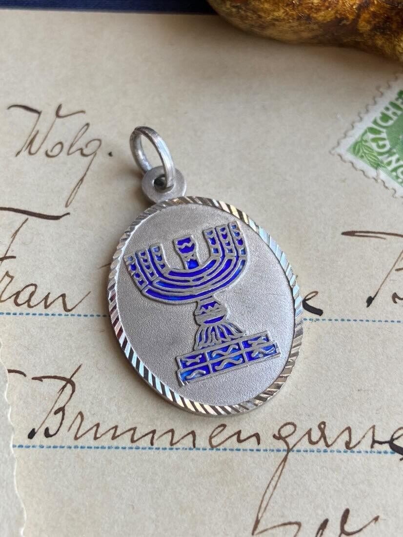 Vintage Jewish Sterling Silver 925 Judaica Jewelry Oval Pendant Enamel Menorah