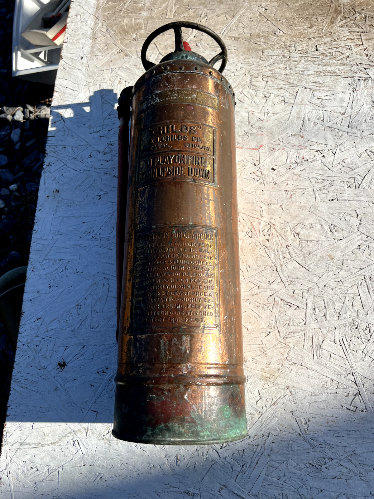 VTG Copper & Brass Fire Extinguisher O.J. Childs Utica, NY 2.5 Gallons Canister