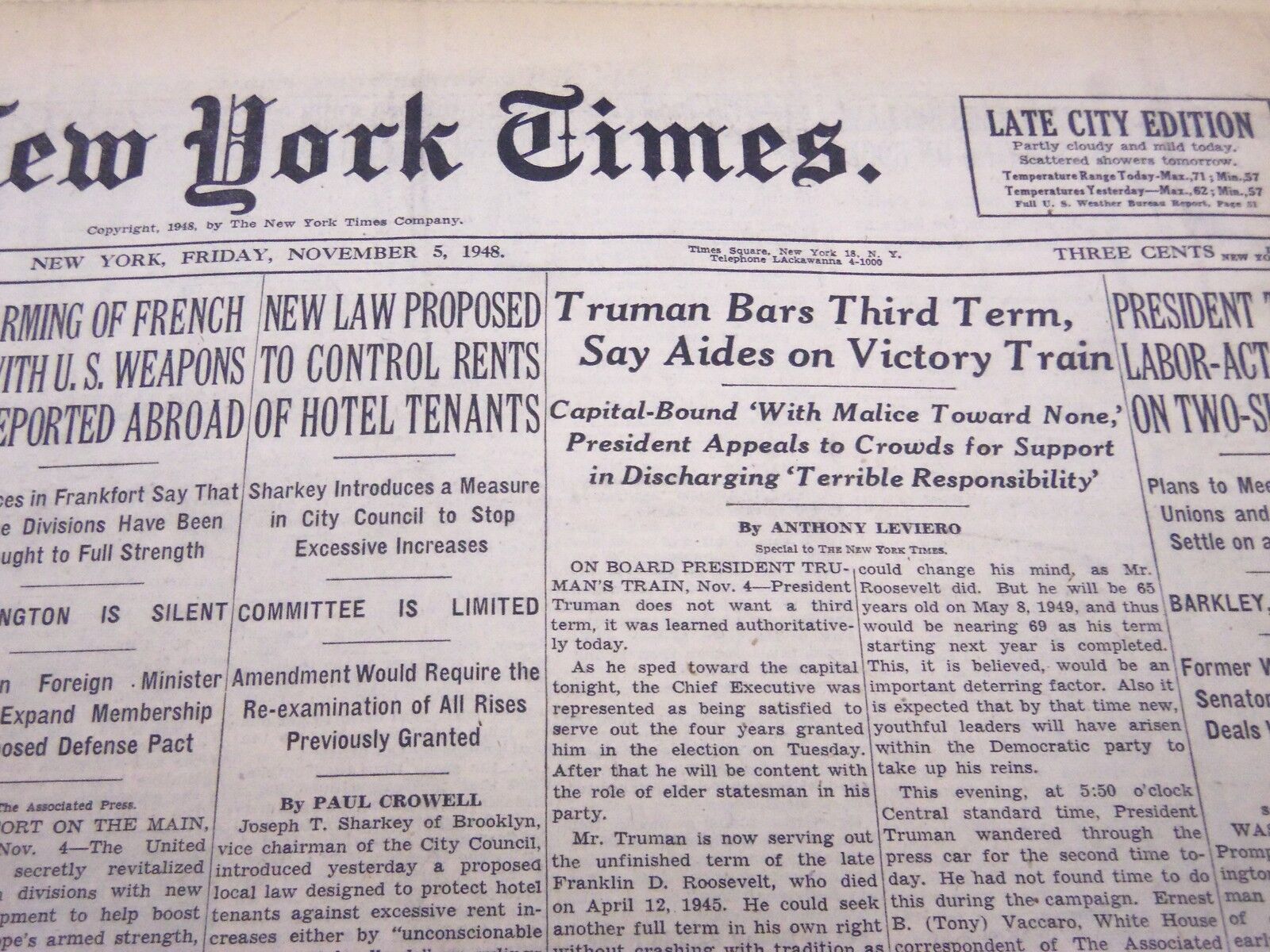 1948 NOV 5 NEW YORK TIMES NEWSPAPER - TRUMAN BARS THIRD TERM - NT 59