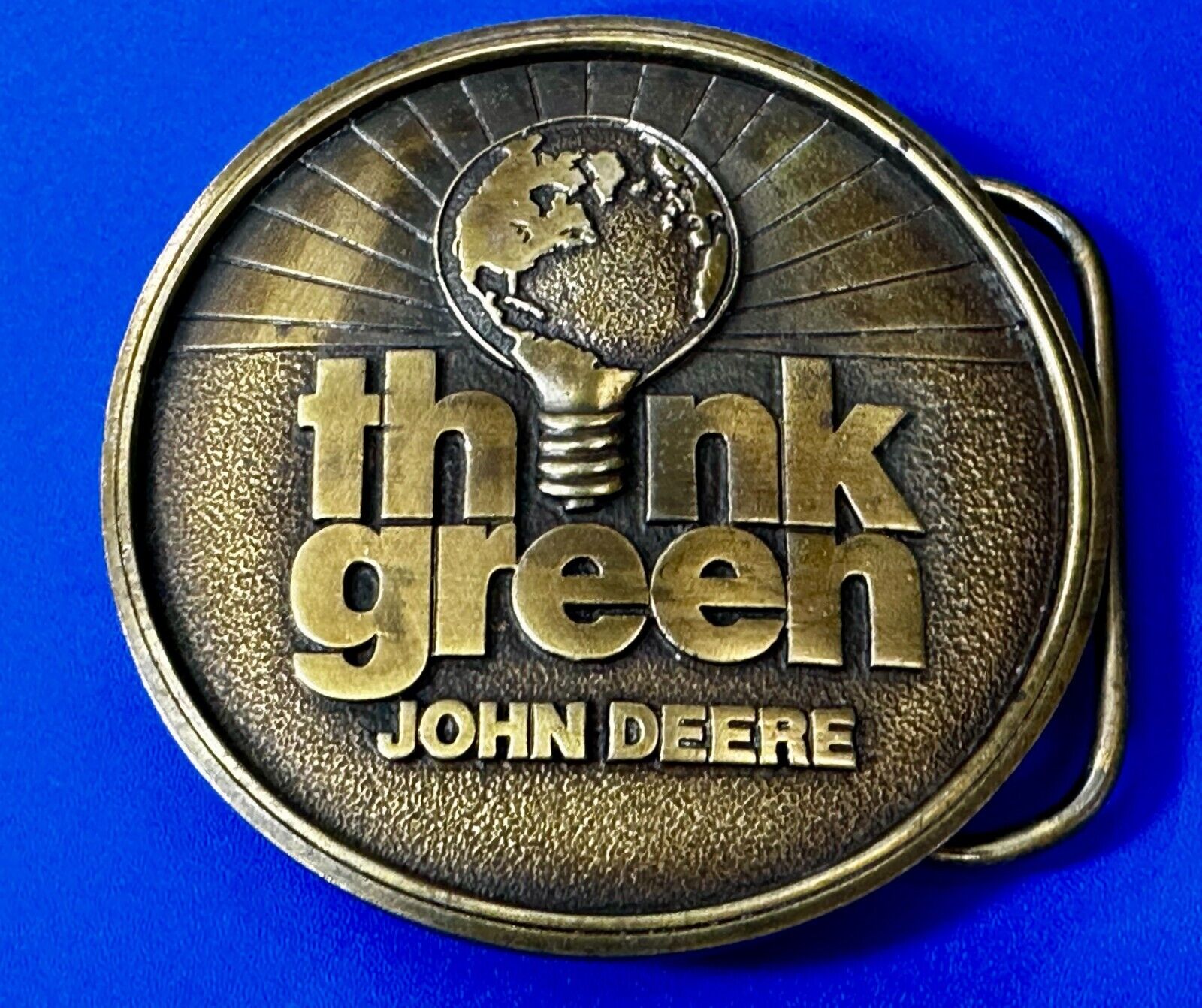 THINK GREEN - John Deere Farm Tractors Vintage Brass Tone Round Belt Buckle