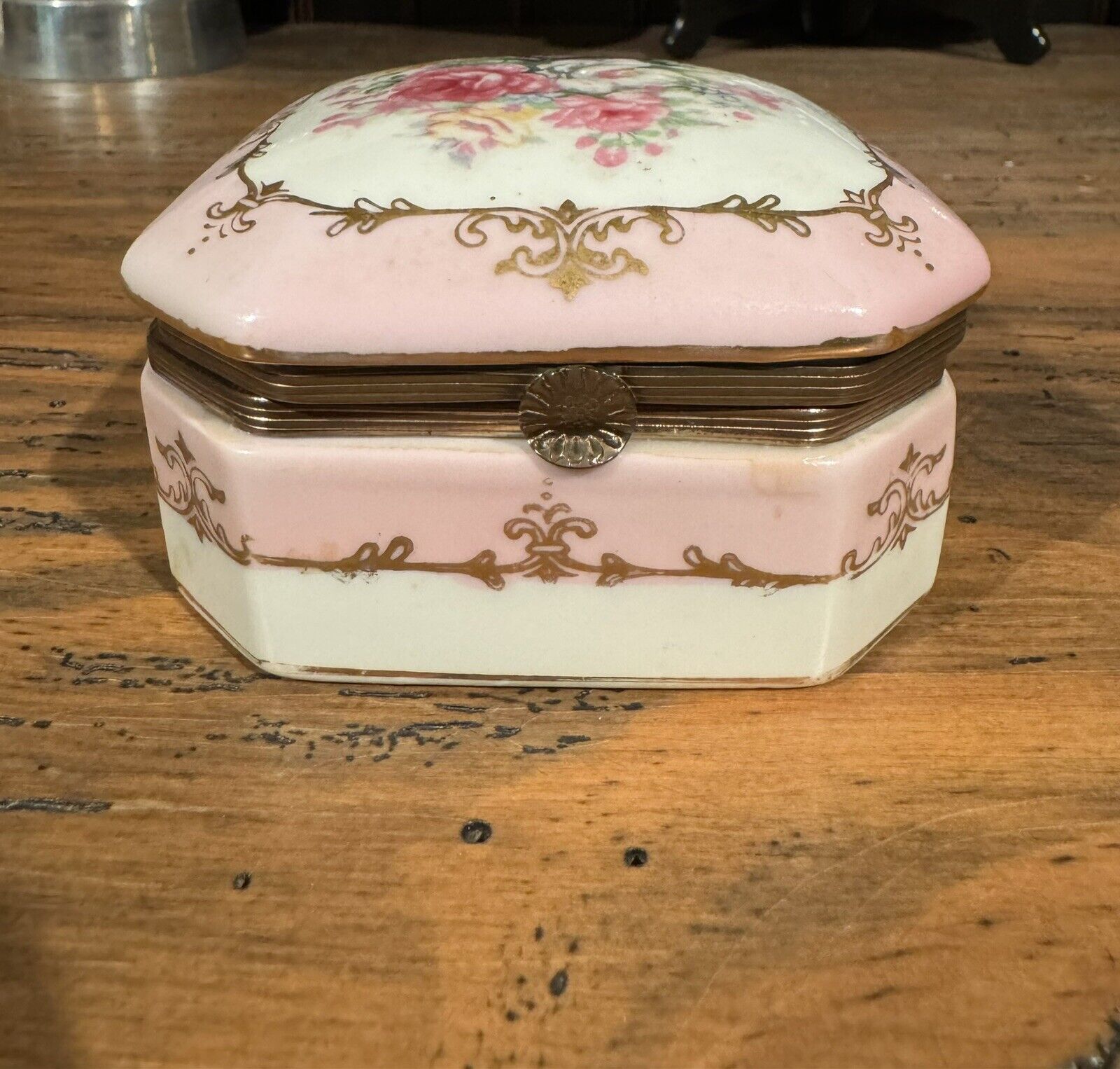 Beautiful Pink & Gold Vintage Hinged Floral Trinket box- Limoge Like