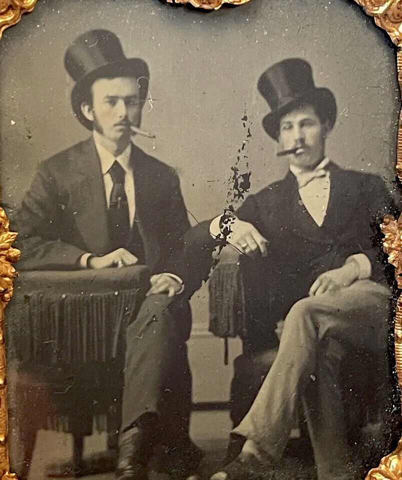 Amazing Tintype Photo W. Case - Two Wealthy Upper Class Gents W. Cigars