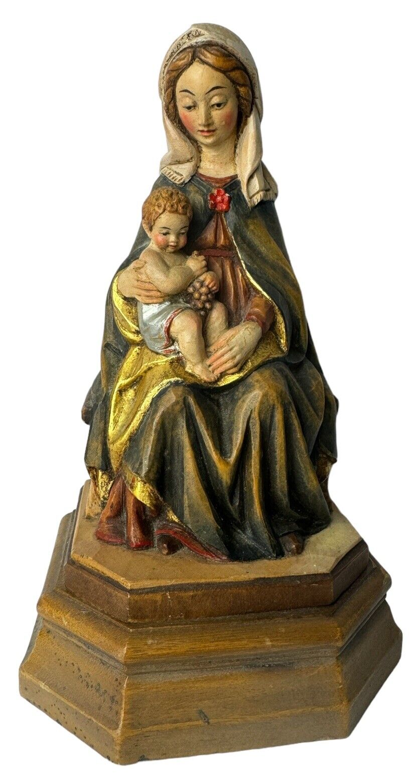 Very Rare Antique Anri Italy Madonna Virgin Mary Hand Carved Wood Statue 8”