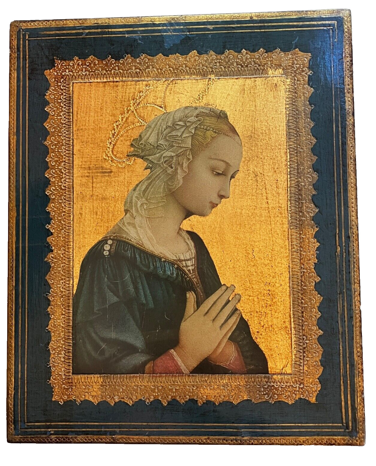 Lippi Madonna Praying Gold Wood Plaque Wall Hanging Virgin Mary VTG Italian Art