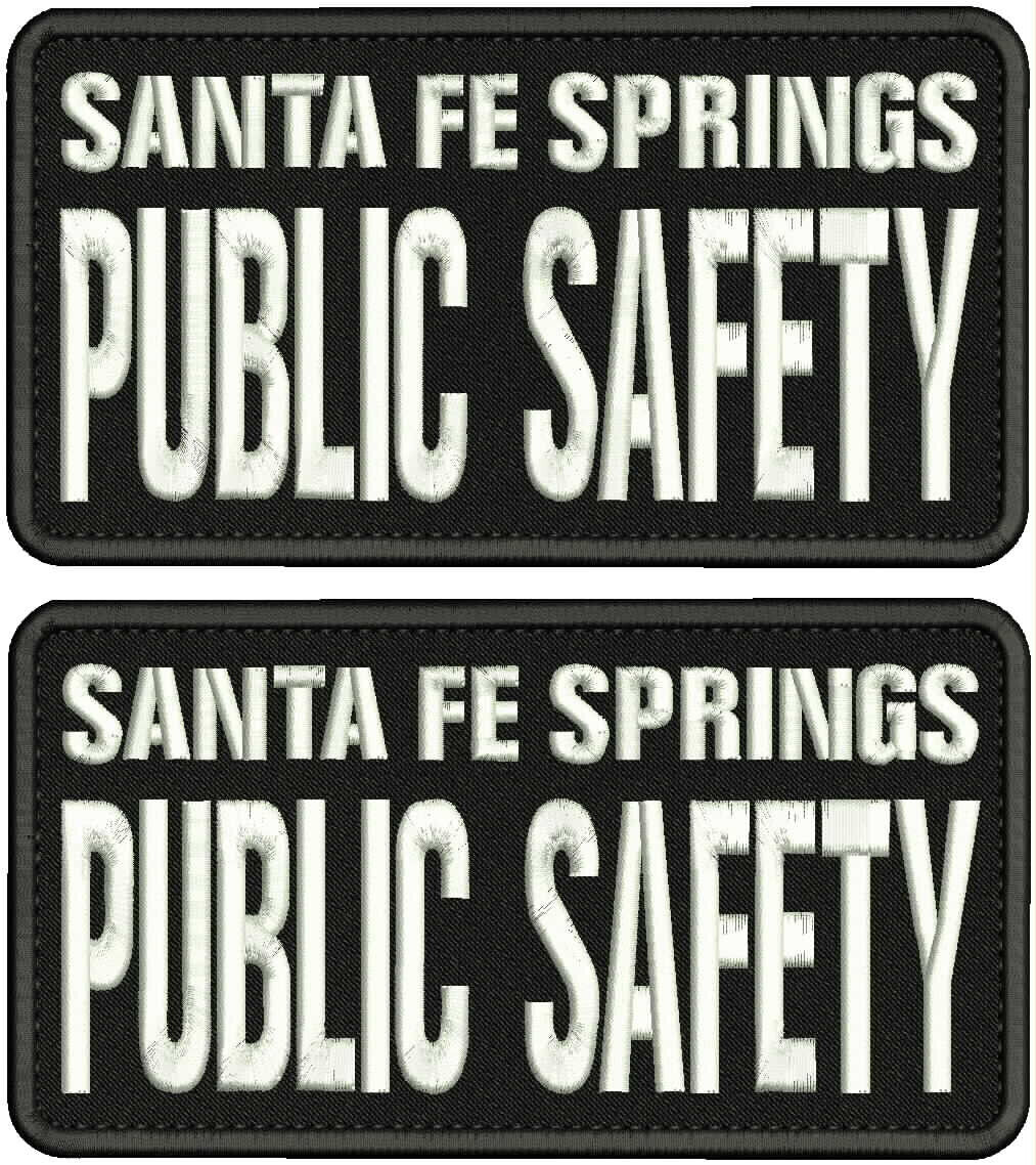 SANTA FE SPRINGS PUBLIC SAFETY 2 EMBROIDERY PATCH 4X8 HOOK ON BACK WHITE N BLACK