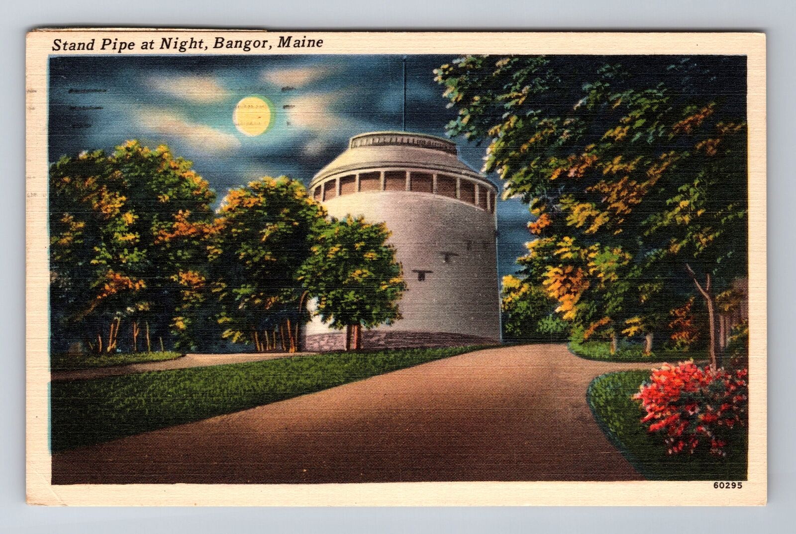 Bangor Me-Maine, Stand Pipe At Night, Antique Vintage c1957 Souvenir Postcard