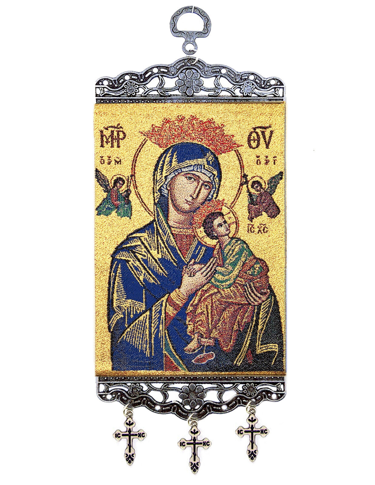 Madonna and Child Perpetual Help Tapestry Icon Banner With Three Bar Crosses