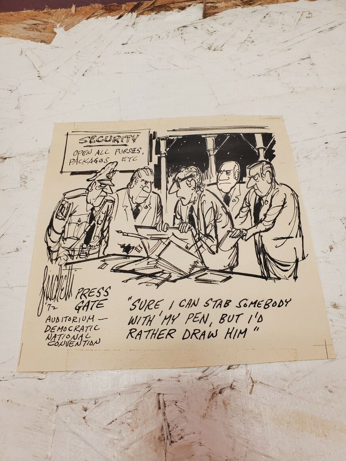 Hand Drawn and Signed John Fischetti Political Cartoon 1972 Press Gate Watergate