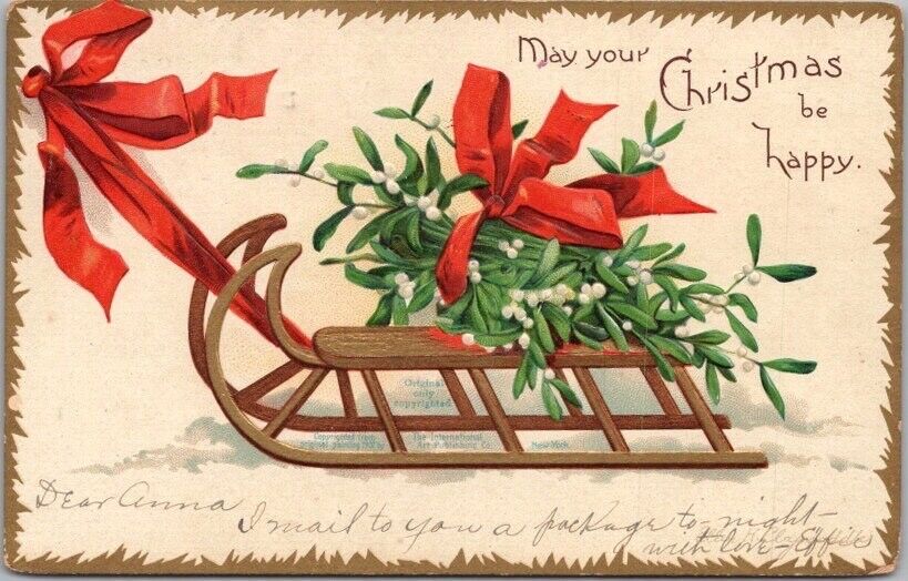Vintage Artist-Signed CLAPSADDLE Postcard Mistletoe on Sleigh / 1907 Cancel