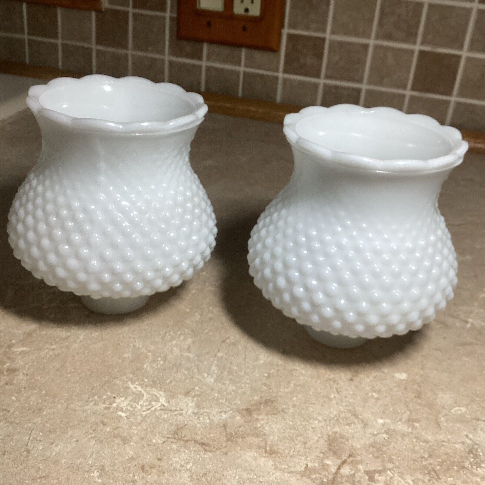2 Vintage Hobnail White Milk Glass Shades 5-1/4” Tall X 1-1/2” Fitter Ruffle Top