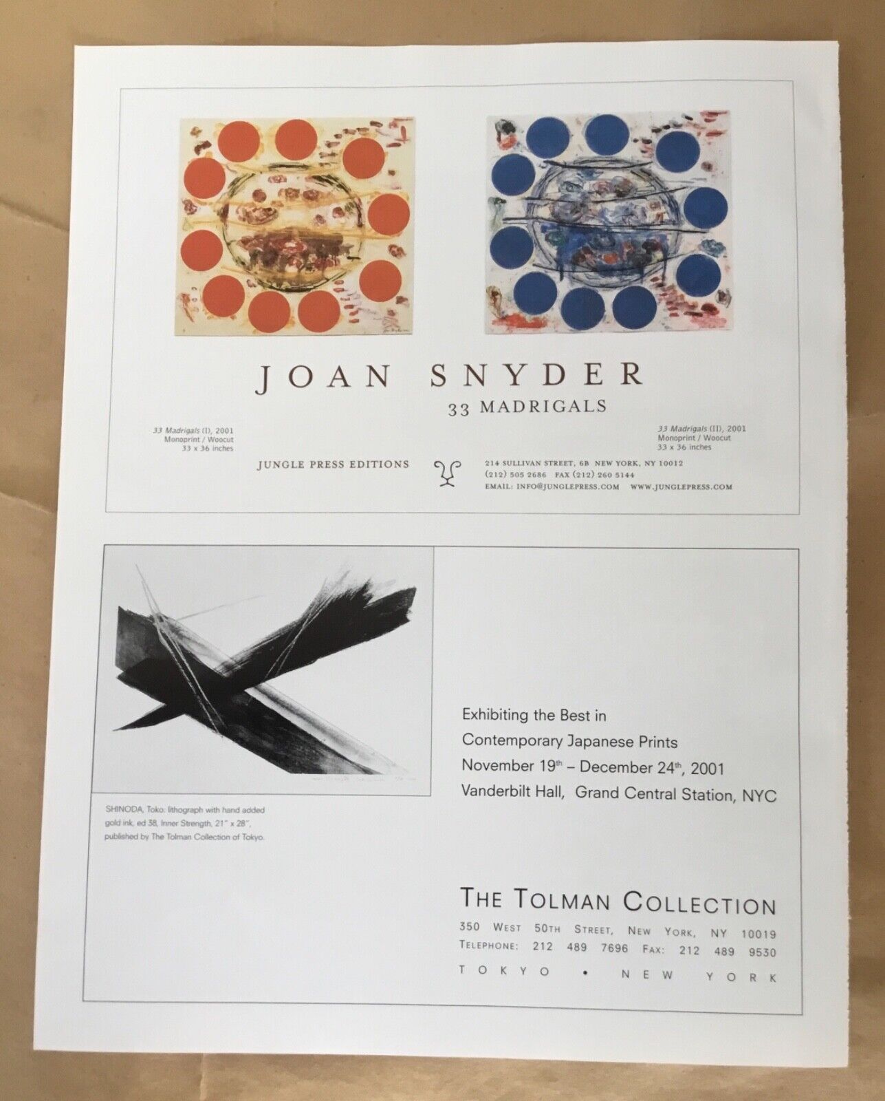 Joan Snyder Toko Shinoda gallery exhibition ad 2001 art magazine print Tolman