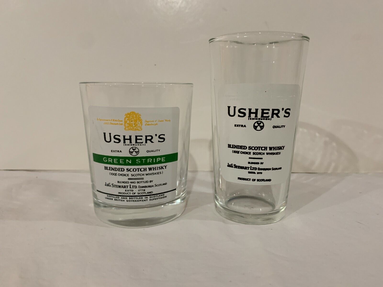 Two (2) Usher's Blended Scotch Whisky Glasses - Two Different Sizes
