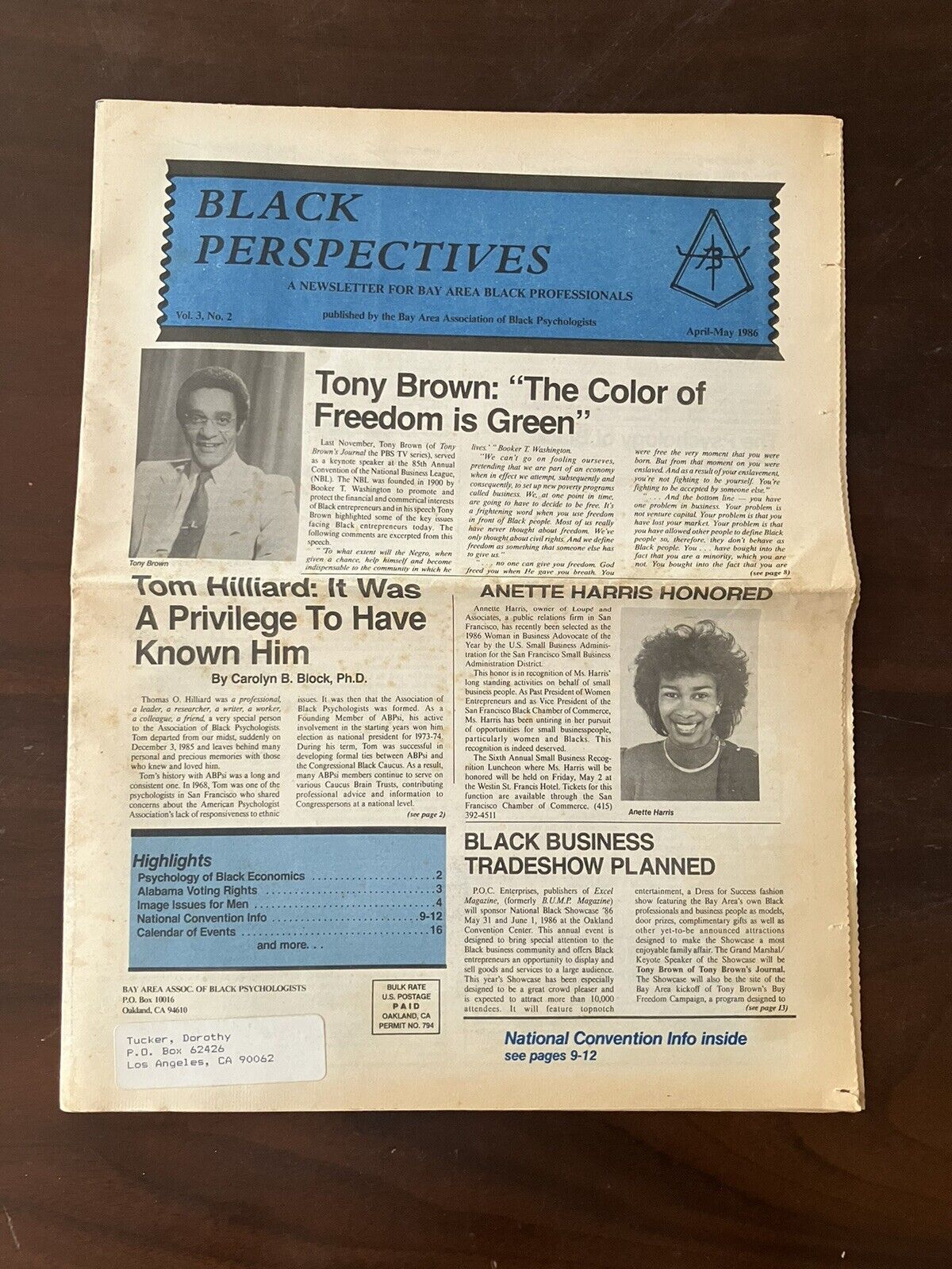 VTG Black Perspectives Psychology Publication African American April 1986 Scarce