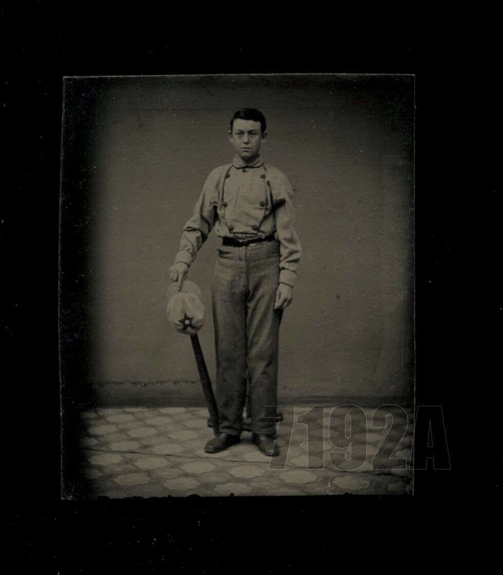 1860s 1870s RARE Miniature Tintype Photo Baseball Player Holding Bat & Cap