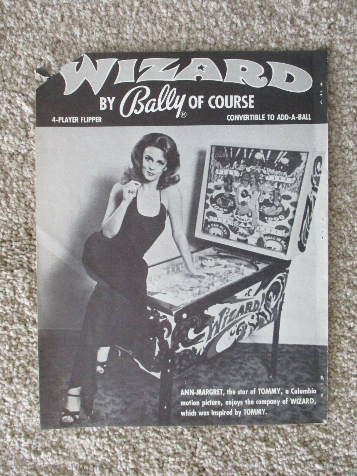 Bally Wizard (1975) pinball trade magazine insert - Ann Margaret - Roger Daltry