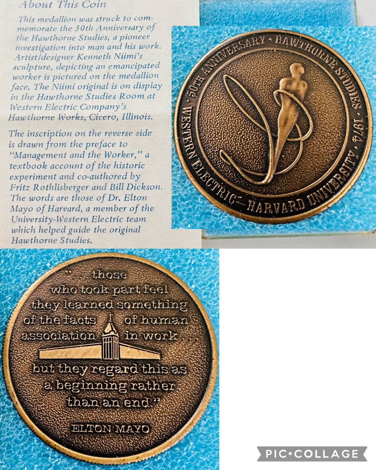 Harvard University Hawthorne Studies 1974 50th Anniv Western Electric Medal