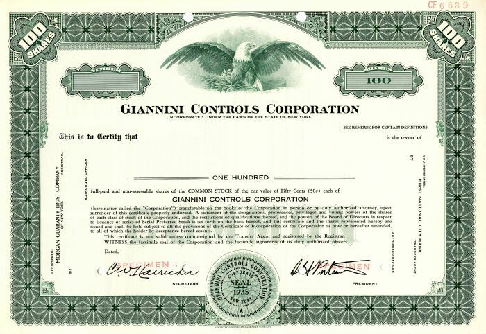 Giannini Controls Corporation - Specimen Stocks & Bonds