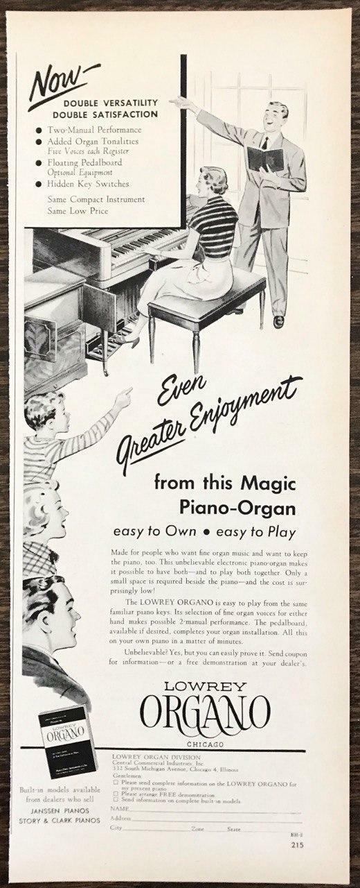 1952 Lowrey Organo Piano-Organ PRINT AD Even Greater Enjoyment