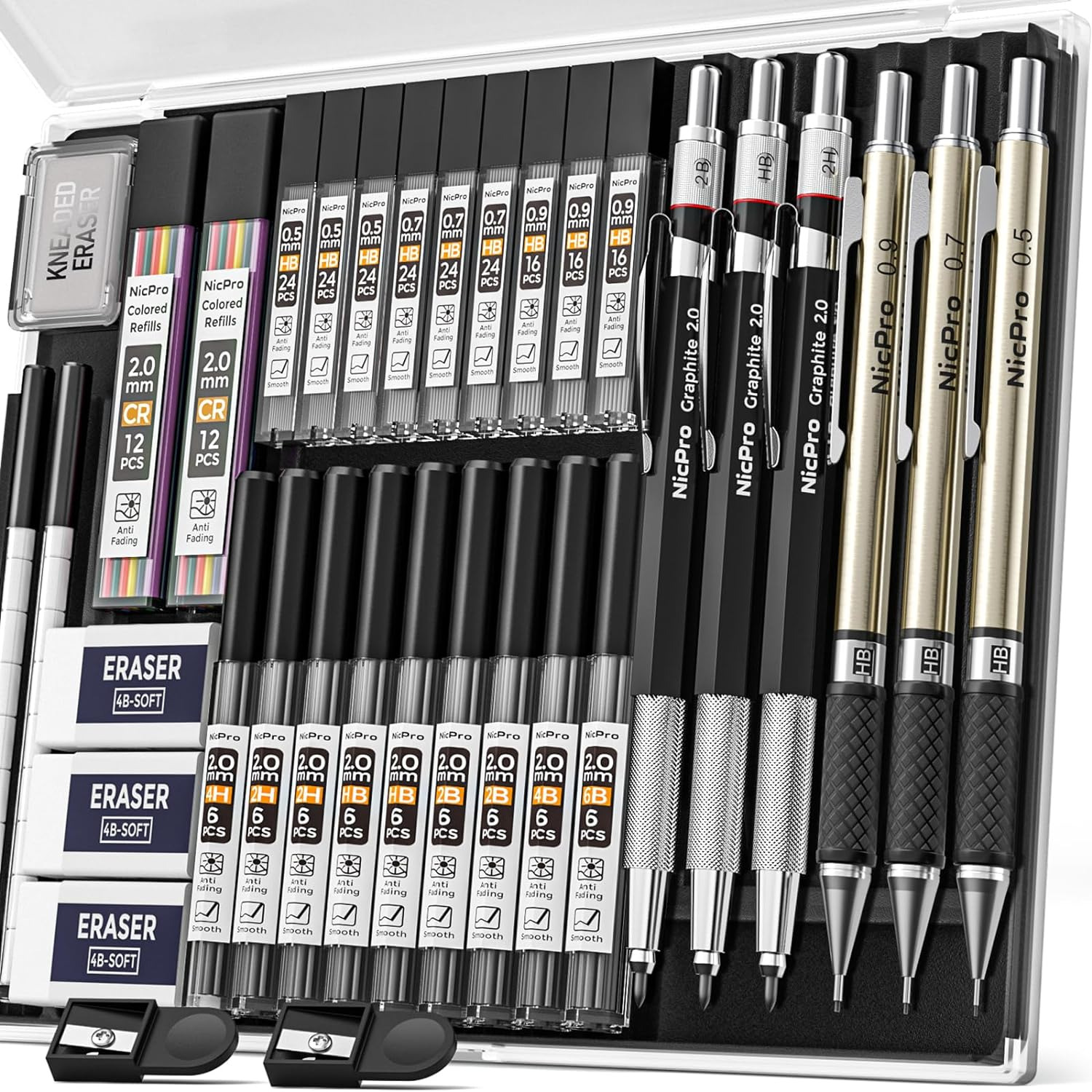 35PCS Art Mechanical Pencils Set,3PCS Metal Drafting Pencil,3 PCS 2Mm Lead Holde