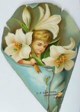 1880's-90's Embossed Die-Cut C. F Gunther Confectioner Child-Cherub Lilies P62 picture