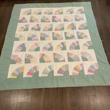 Vintage Quilt Feed Sack Fan Hand Quilted 75”x83” Farmhouse Grandmother picture