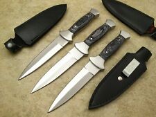 QTY of THREE Double Edged Dagger Blade Boot Knife Leather Sheath Metal Clip picture