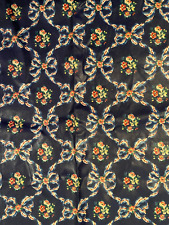Vintage 1980 House & Home FABRIC 2yds Navy Blue FLORAL Ribbon Polished Cotton picture