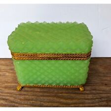 Antique Green Colored Bohemian Crystal Box casket Hinged Lid and Footed pedestal picture
