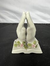 Vintage Enesco Porcelain Bisque Praying Hands on Bible with Pink Roses picture