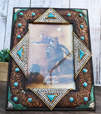Rustic Western Turquoise Gems Silver Nails Faux Leather 5X7 Picture Photo Frame picture