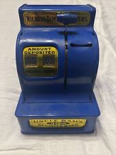 Vintage Blue Tin Litho Uncle Sam's Cash Register 3 Coin Bank Tested and Working picture