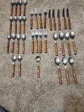 Vintage 35 Pieces Brown Wooden Handle Silverware Flatware Stainless Taiwan picture