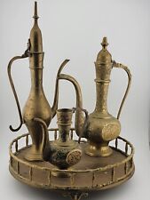 Antique Etched Brass Tea Pots 4Pc Set INDIA Judaica Judaism Middle East Vintage picture