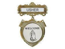 Badge-Usher-Welcome-(Praying Hands)-Pin Back-Brass-Fancy Round Badges picture