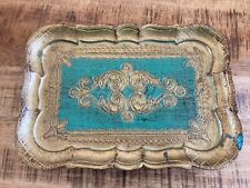 10 x 7 Vintage Italy Florentine Toleware Green/Gold Gilt Serving Display Tray picture