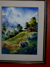 Gorgeous Landscape Forest Barn Fence Watercolor Signed Ramirez Painting VINTAGE picture