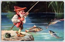 1906 ARTIST SIGNED SCHONIAN FAIRY DWARF FISHING GNOME FANTASY GERMANY POSTCARD picture