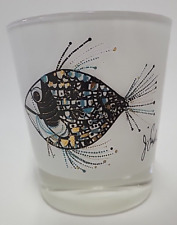 MCM J. Joan Snyder Signed Glass Whiskey Tumbler Glass Atomic Barware Fish Flower picture