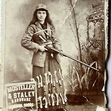 RESERVED Antique Cabinet Card Photograph Advertising Woman Shotgun Tools Odd picture