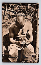 RPPC Uknown Army Soldier Possibly WWII Smoking Pipe Postcard picture